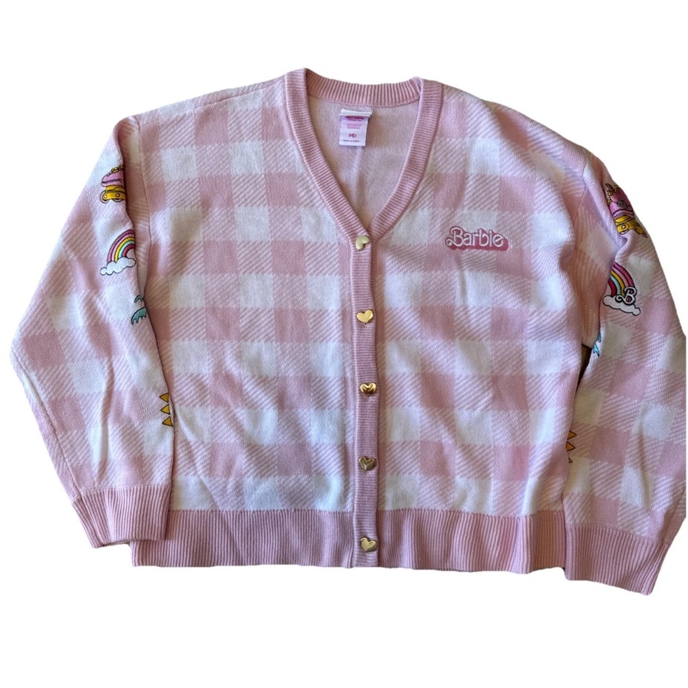 Hit Topic Barbie Pink and White Buffalo Check Heart-Button Cardigan